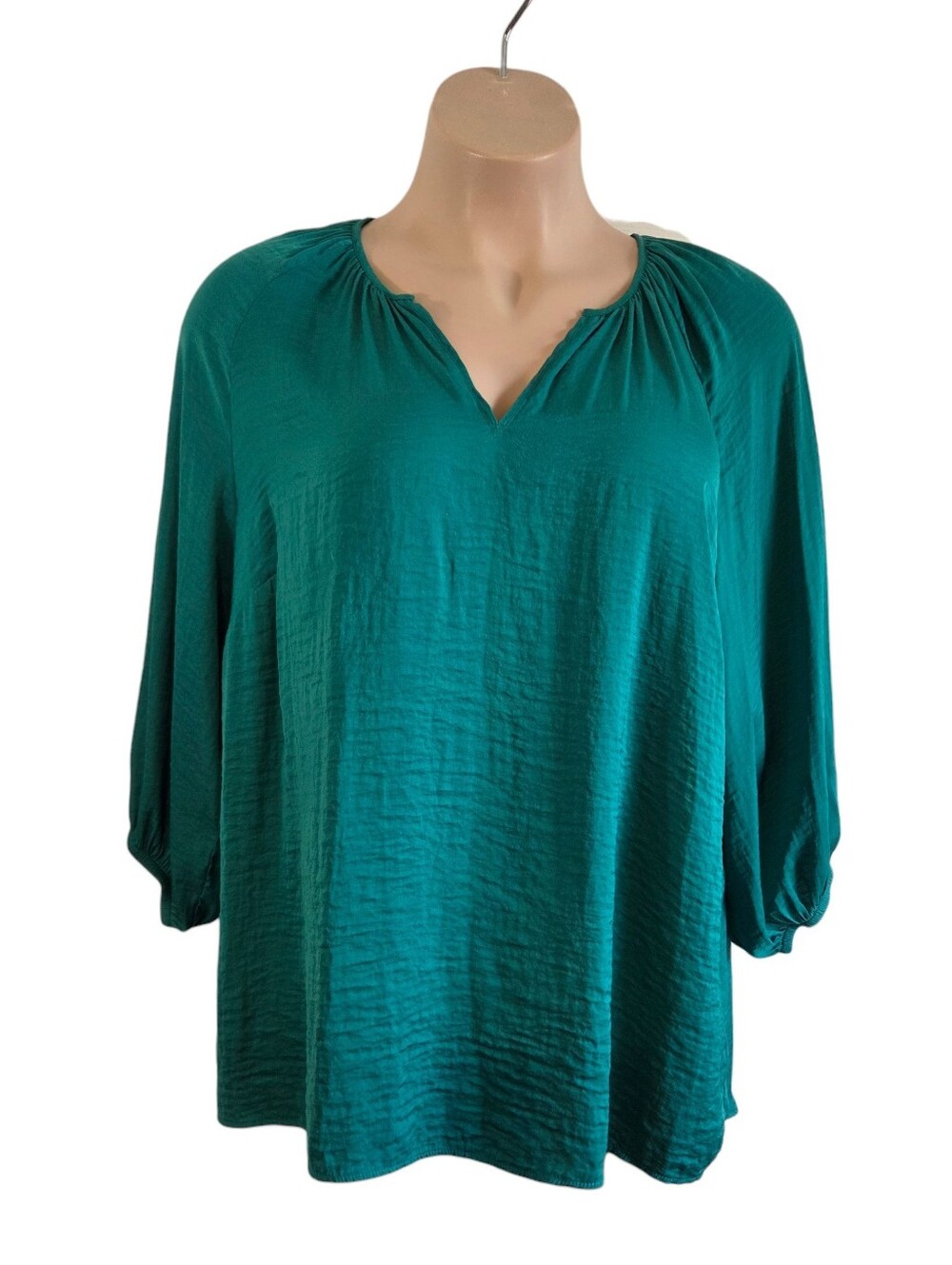 JNY Jones New York Green V-Neckline 3/4 Sleeve Peasant Blouse Size 1X Pre-Owned